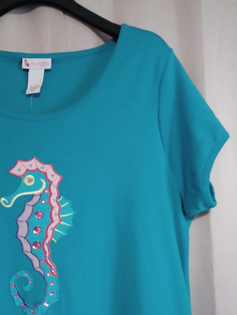 Go Softly Patio Turquoise Seahorse Tunic Midi Dress Embroidered Sequins Pockets